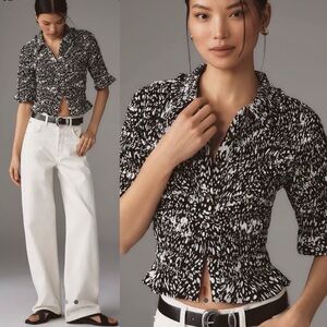 Anthropologie Maeve Black and White Patterned Smocked Blouse